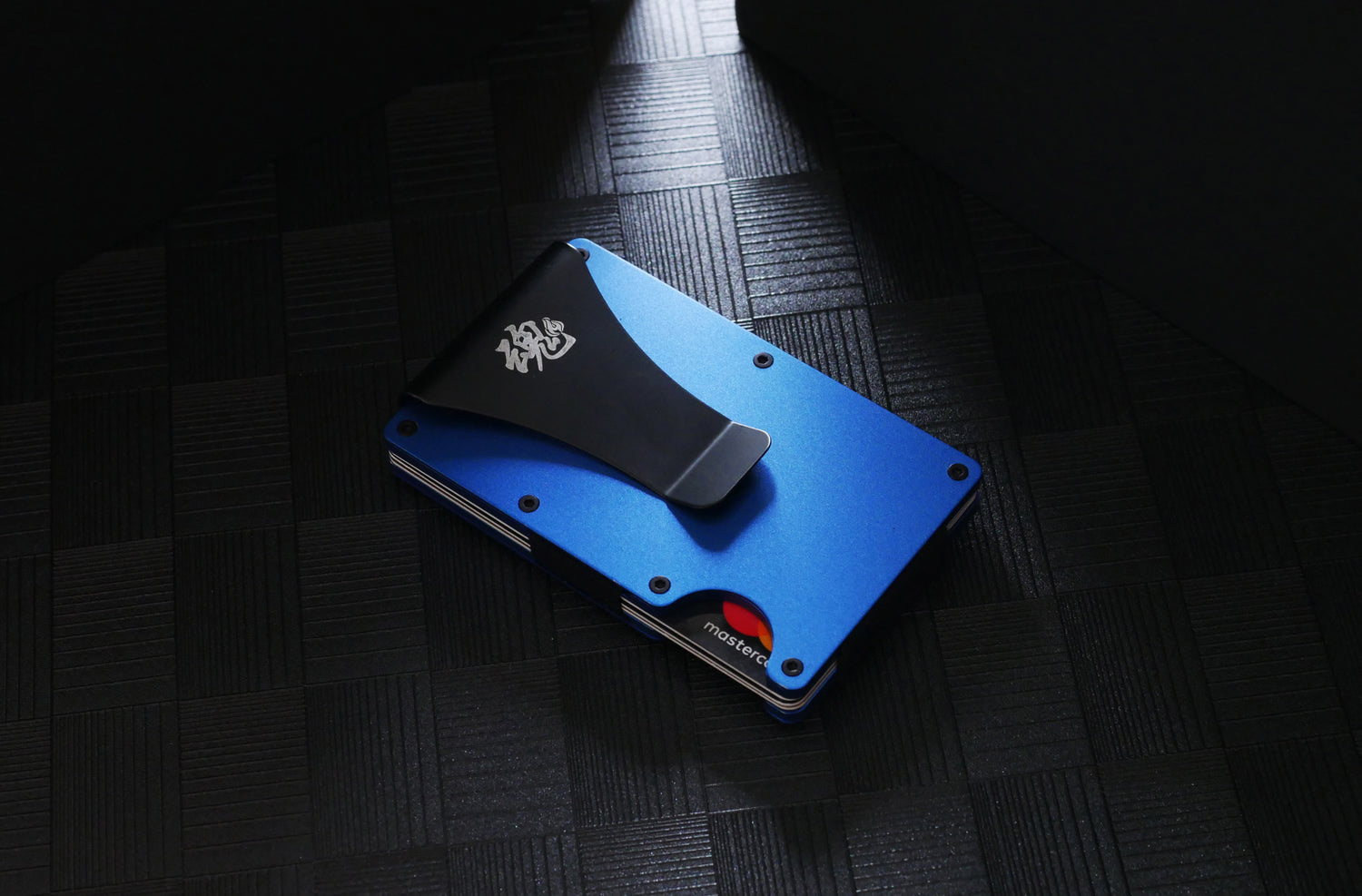 tamashi ridge sport blue color aluminium minimalist rigid wallet with money metal clip and cash strap